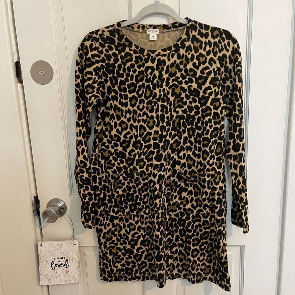 Crewcuts Girls Long Sleeve Cheetah Print T-Shirt Pocket Dress Size 14